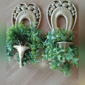Gold Burwood Wall Sconces with Greenery 1975 Rattan Hollywood Regency